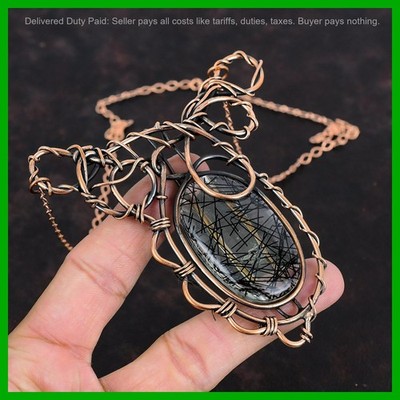 New Year Deal Black Rutile Gemstone Copper Wire Wrapped Chain Necklace Jewelry