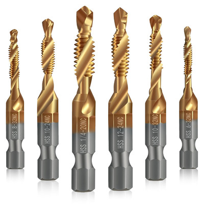 Junreox 6 Pack Combination Drill and Tap Set, Professional HSS Titanium Thread T