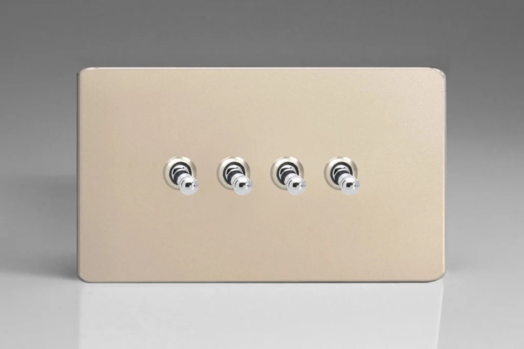 Switch Satin Quad Toggle 10A 4-Gang 2-Way Screwless + Chrome Insert Varilight