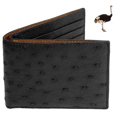 Black Real Ostrich Skin Leather Wallet Exotic Men's Bifold RFID Blocking Wallet