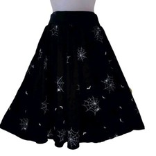 Vintage 80s Black Spider Web Bat Cotton Full Skirt Halloween Novelty Print S/M