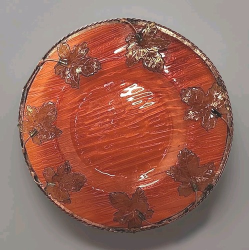 Vintage Marigold Blown Glass Platter Leaves Green Gold Trim Edge Textured Wired - Picture 2 of 10