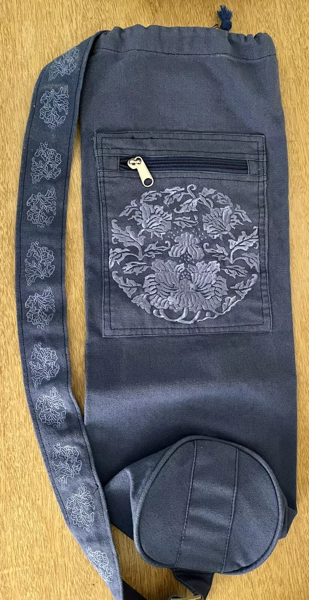 Gaiam Yoga Mat Bag Carrier Blue Embroidered Drawstring Zipper