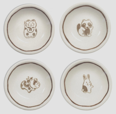 SET of 4 Japanese 3.25''D Sushi Soy Sauce Dipping Dishes Cat Dog Raccoon Rabbit