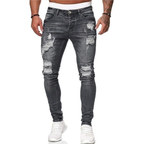 Men's Ripped Denim Jeans Slim Fit Fashion Pencil Pants Mid Waist Distressed Trou - Picture 19 of 40