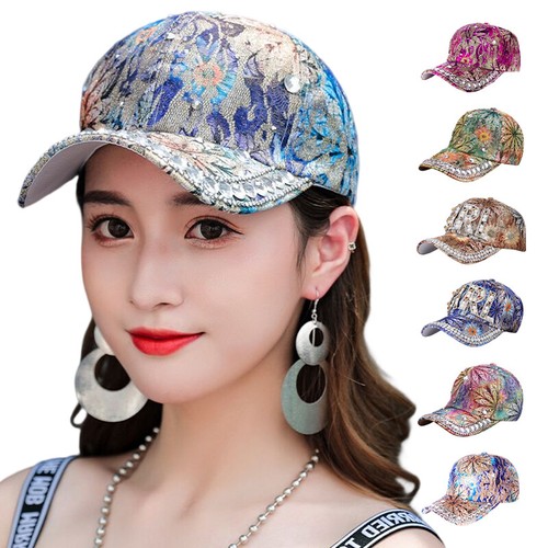 Women Crystal Baseball Cap Adjustable Casual Travel Lace Flower Sport Visor Hats - Picture 5 of 32