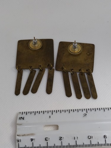 Vintage Brass Embossed Modernist Modern Tassel Square Earrings - Picture 12 of 14