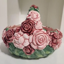 The Haldon Group Pink and Green Rose Ceramic Handled Basket 1987 