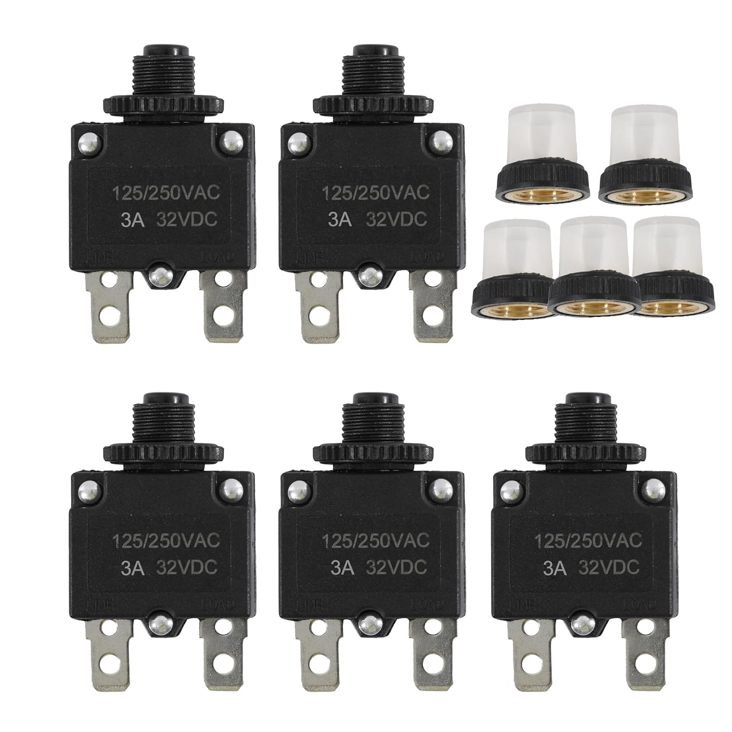 5pcs Push Button Reset 3 Amp Circuit Breakers with Manual Reset 32VDC,AC125-250V