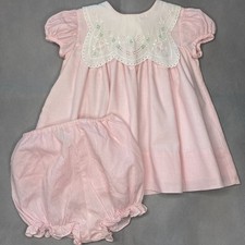 Vintage Pink Gingham Embroidered Floral Eyelet Easter Dress W/ Bloomers 24m