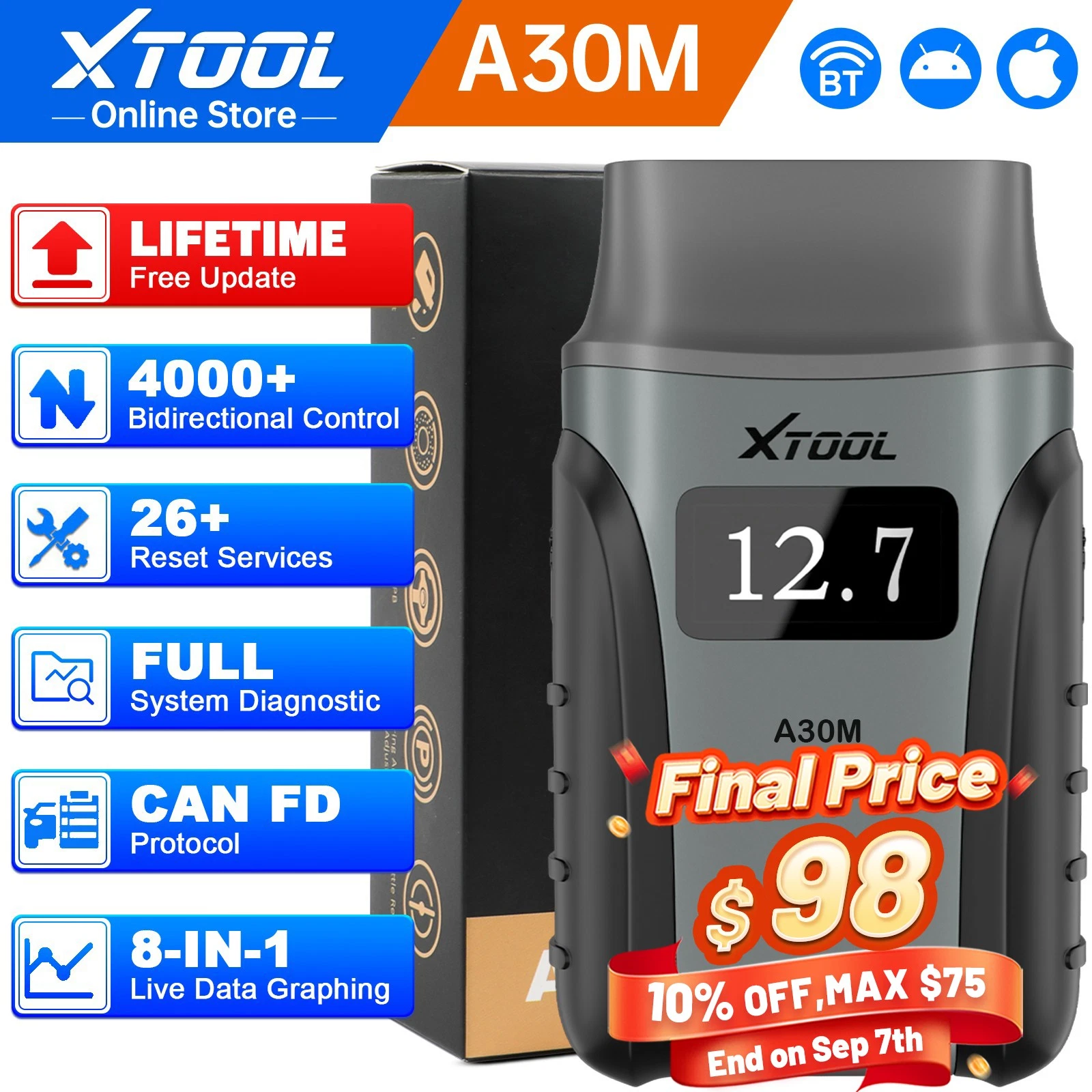 XTOOL A30M Bluetooth Bidirectional OBD2 Scanner All System Diagnostic 26+Service image 1