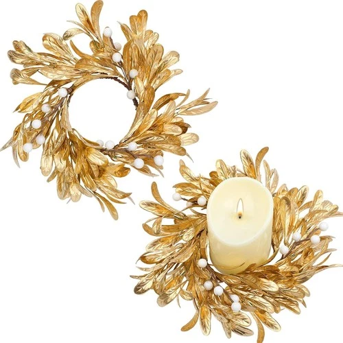 Set of 2 Christmas Candle Wreaths, Gold Leaf for 3.5 Inch Pillars - product listing photo
