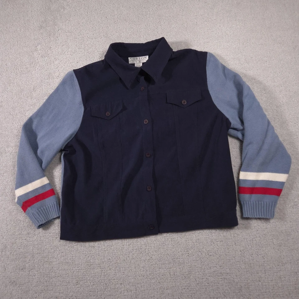 Norton Studio Jacket Womens XL Navy Blue Knit Sleeves Star Back Button Front - Image 2 of 4