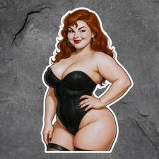Pinup Girl Sticker Vinyl Decal Redhead Black Corset Curvy Sexy Retro Beauty 7"