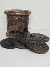 Vintage Hand Carved Ebony Wood 5 Coaster Set African Jungle Safari Animals Used