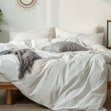 Striped Duvet Cover Set 100 Washed Cotton Linen like Textured Breathable Durabl