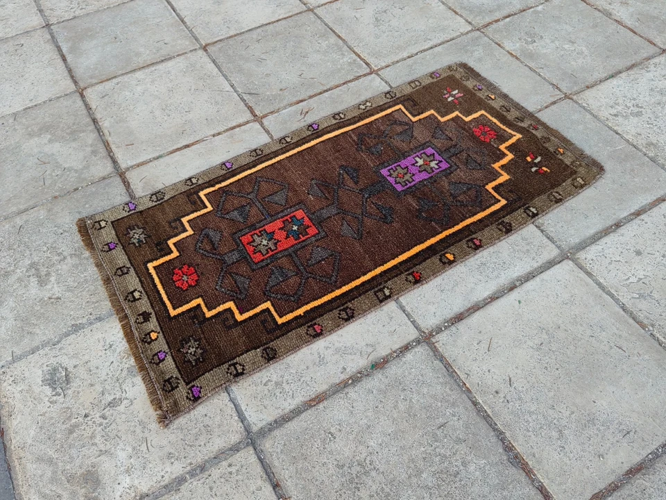 Vintage Turkish Rug 2.9x1.5 ft Handwoven Wool Brown Tribal Anatolian Carpet - Image 2 of 4