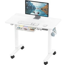 40-Inch Mobile Electric Height Adjustable Sit to Stand Desk with Drawer, Hang...