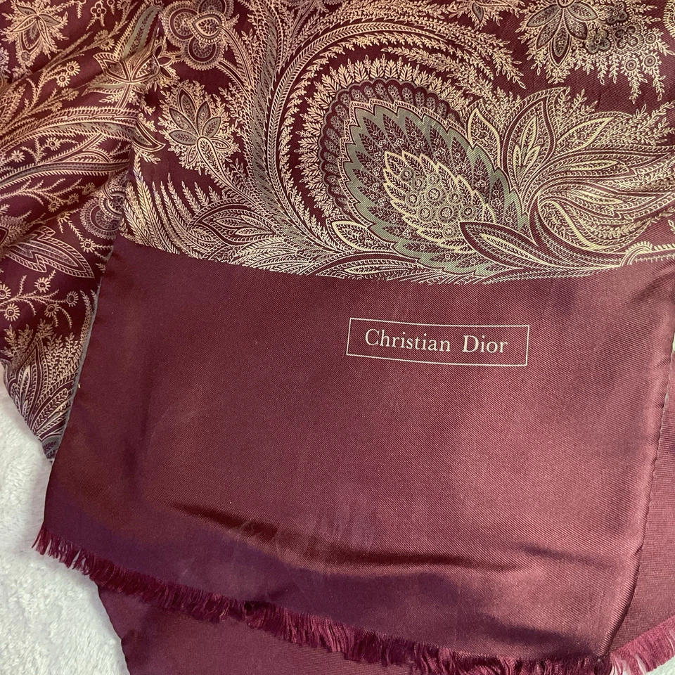 Vtg Christian Dior Scarf Felt Lined Burgundy Gray Paisley Fringe Neck Warmer 26L - Image 3 of 4