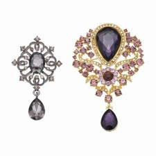 Vintage Tear Drop Rhinestone Brooch Pins Set, Flower Brooch Pin, Grey/Purple