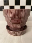 Vtg McCoy Art Pottery USA Brown 4” Basket Weave Flower Pot Planter w/Saucer