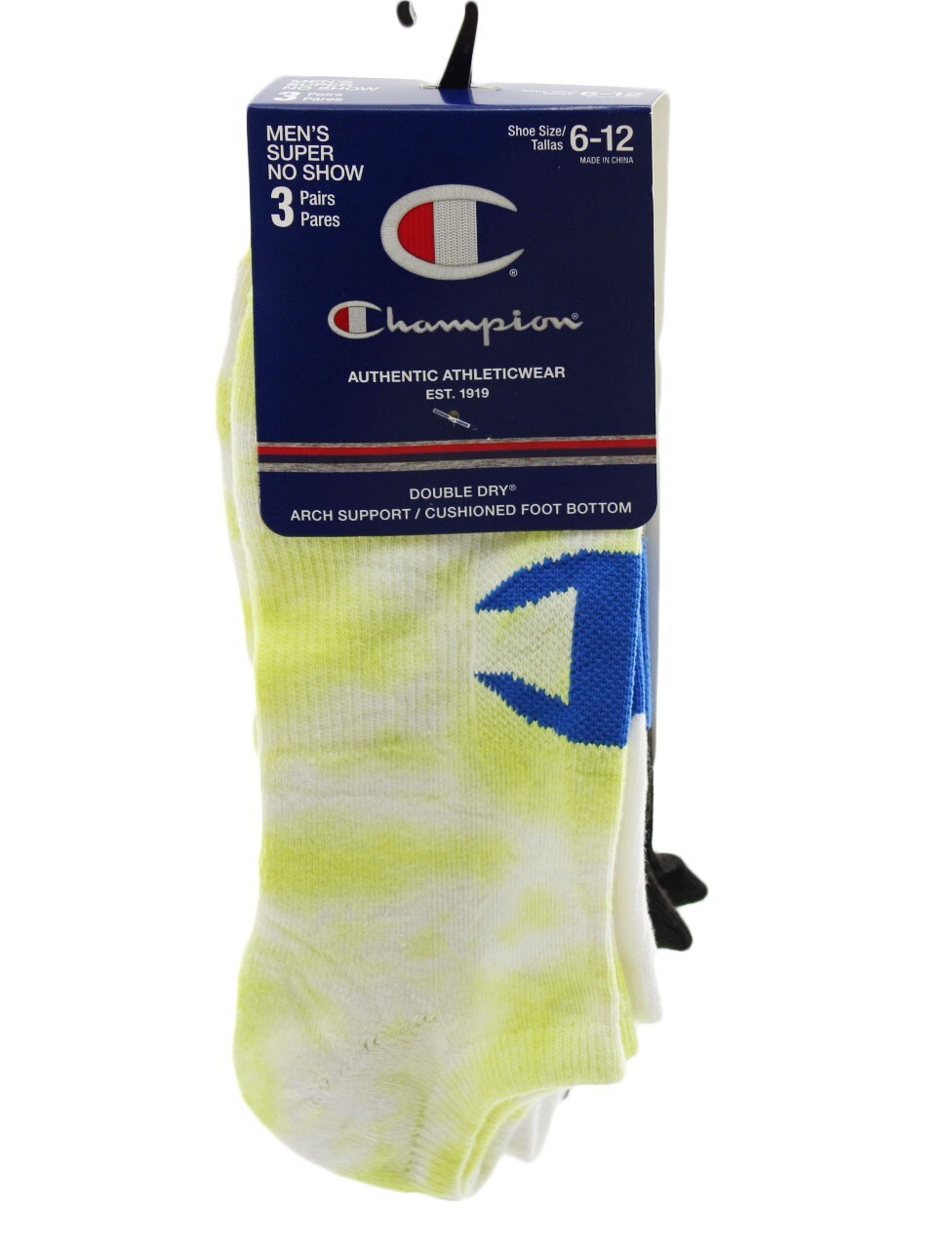 Men Socks Champion No Show Socks 3 Pairs Men 6-12 Tye Dye/White Black-image