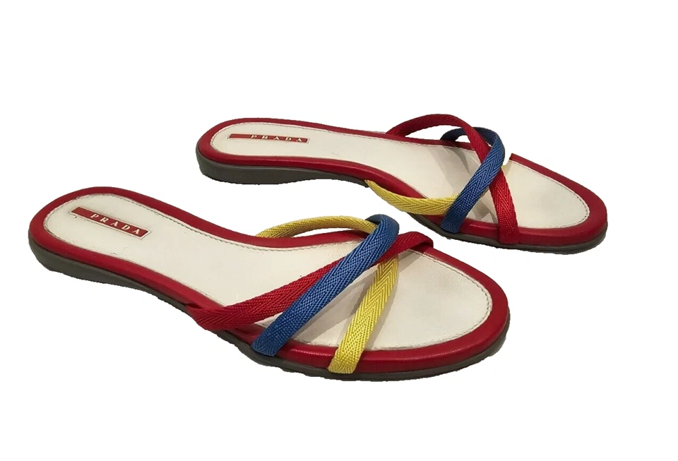 PRADA Leather and Fabric Criss Cross Flat Sandals in Red, Yellow & Blue - Size 7