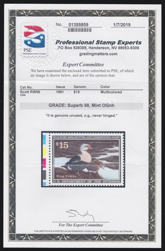 US RW58 $15 Federal Duck Stamp Mint w/ PSE '98' Cert Superb OG NH SMQ $175 (004) - Picture 3 of 3