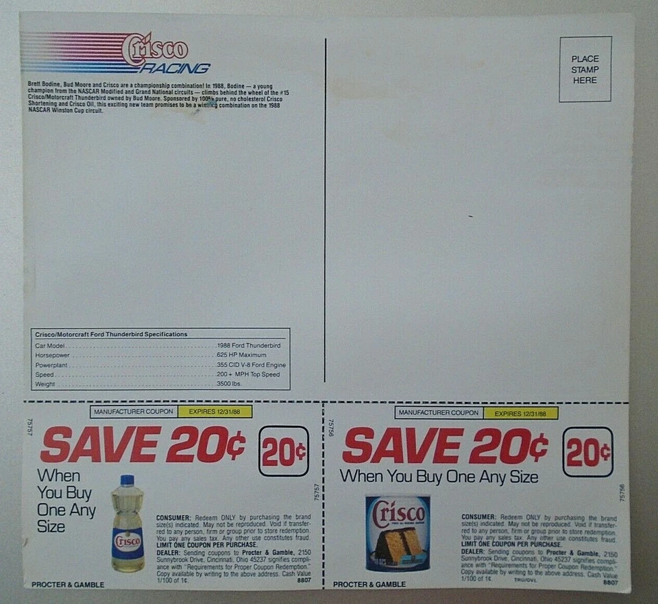 NASCAR Brett Bodine #15 Thunderbird Crisco Racing Postcard & Coupons 1988 Foto 2 de 2