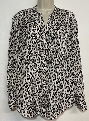 Jones New York Medium Button Down Blouse Brown Animal Print Long Sleeve V-Neck 