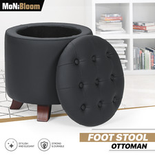 17" Black Round Storage Ottoman Classic PU Leather Lift Top Footstool Wood Legs