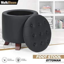 17" Black Round Storage Ottoman Classic PU Leather Lift Top Footstool Wood Legs