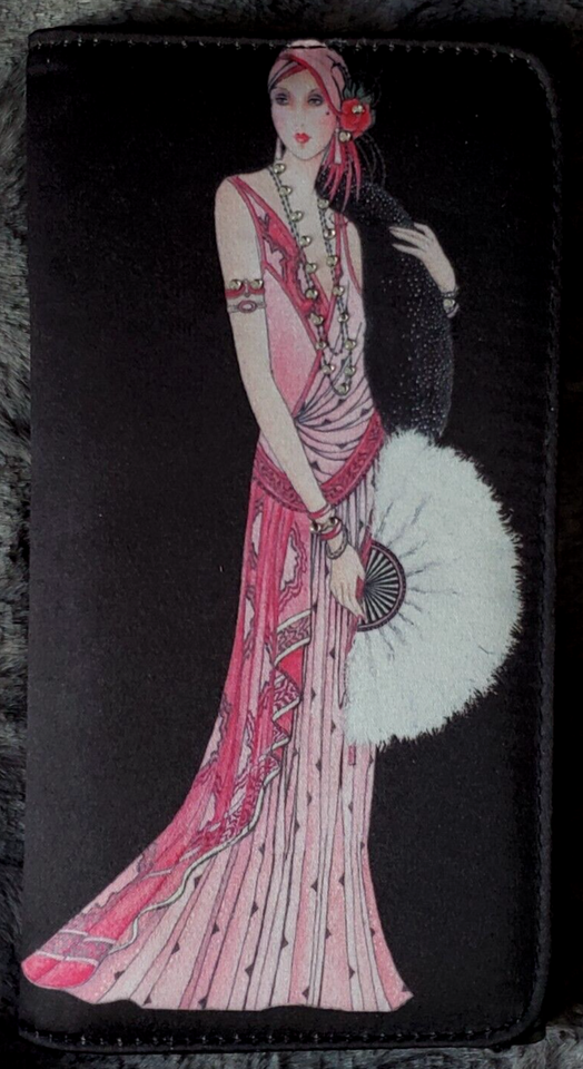 CLINTONS WALLET PURSE ART DECO LADY CARD HOLDER FLAPPER GIRL PINK DRESS & FAN eBay