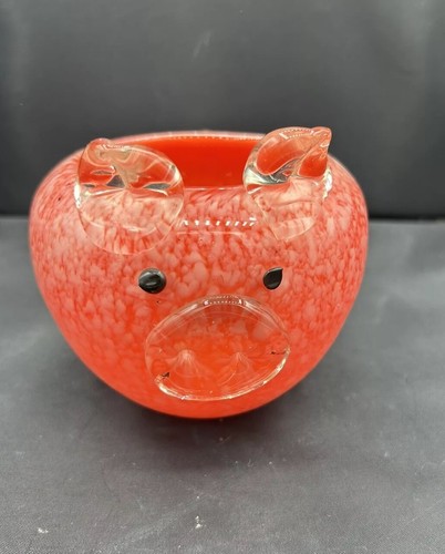 Pig Orange White Mottled Art Glass Bowl Whimsy Kitsch Farm 4"