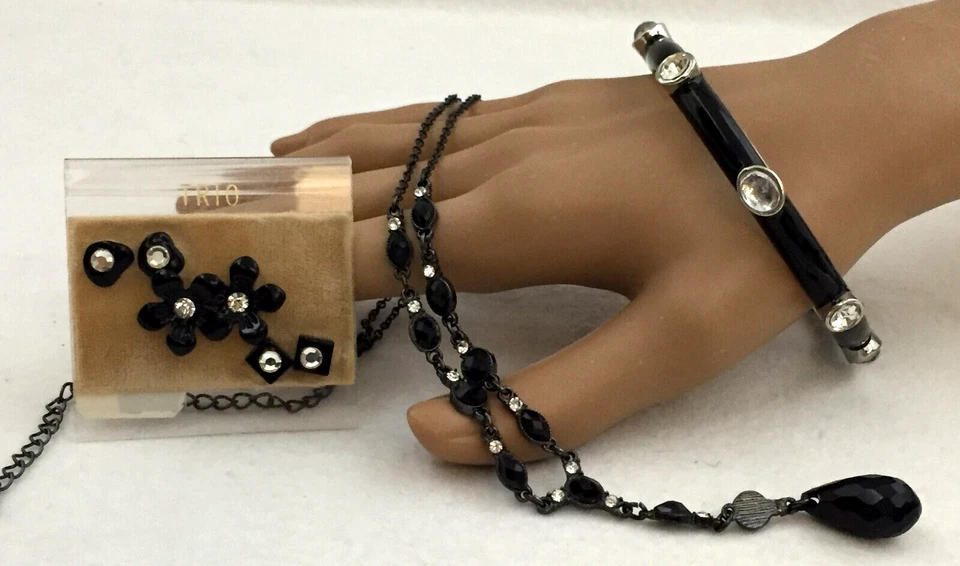 Collar Pulsera Pendientes Negro Esmalte Transparente Estrás Lote Vintage 5 Piezas Foto 3 de 4