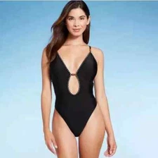 WOMEN’S PLUNGE BEAD DETAIL EXTRA HIGH LEG ONE PIECE SWIMSUIT-SHADE & SHORE BLK S