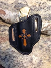  Black & Tan Tooled Cross  Pancake style sheath for the Buck 110 