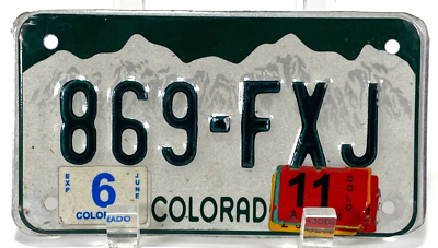 Colorado Motorcycle License Plate- 869-FXJ -Green/White-Expired 6