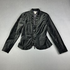 Harolds Cropped Blazer Jacket Womens 8 Black Velvet Ruffle Trim Tie Classic