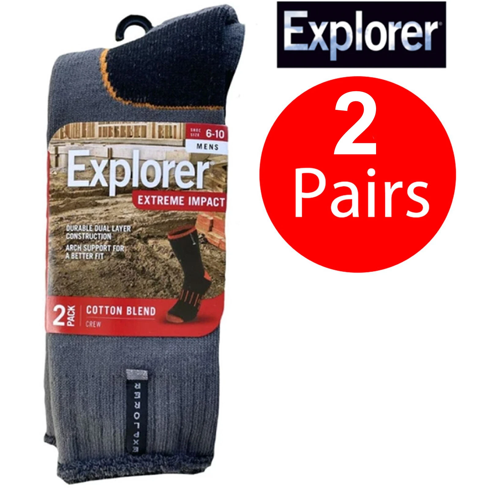 Explorer 2 Pairs Extreme Impact Mens Thick Work Cotton Crew Charcoal Socks
Opens in a new window or