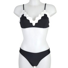 Scalloped Bikini Set Black White Contrast Trim Two Piece Size M Beach