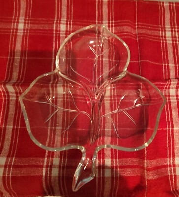 6 Hazel Atlas Clear Three Section Glass Leaf Relish/Nut dish Party Dishes