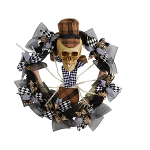 24 in. Skull Plaid Mesh Wreath
