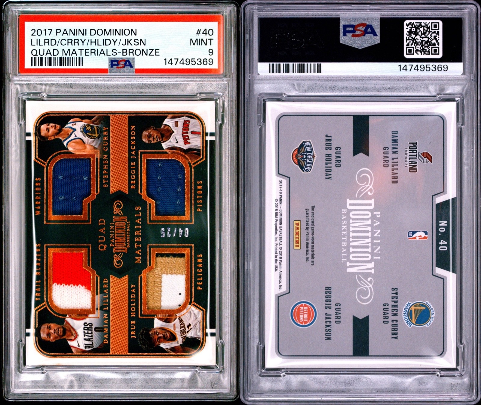 STEPHEN CURRY LILLARD 2017-18 Panini Dominion Quad Game-Worn Patches 04/25 PSA 9