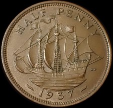 UK Half Penny 1937 George VI Bronze Coin WCA B713