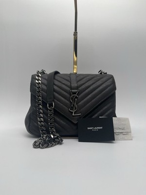 Saint Laurent YSL College Tasche Medium Grau / Grey   Leder Matelassé Silber