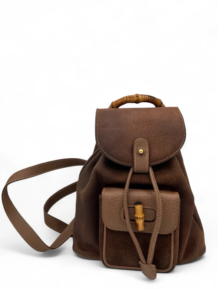 Vintage Gucci Suede & Grain Leather Bamboo Handle Mini Backpack/Purse - Image 2 of 4