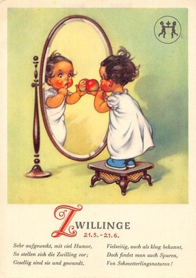 Zodiac Horoscope Sign Gemini Mirror Girl Apple Zwillinge vintage postcard B747