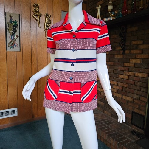 Vtg 60s Mod British Invasion RWB Tunic Top Shirt Striped Twiggy Button Blouse M - Picture 1 of 9