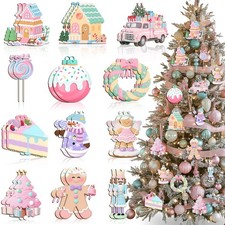 24 Pcs Pastel Christmas Tree Ornaments Candy Christmas Hanging Decor Wooden G...